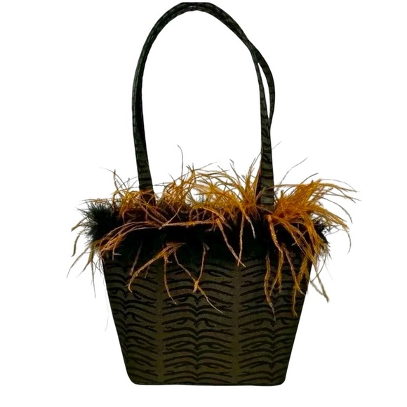 Feathery Handbag Attention Getter Brown Black Evening Bag Shoulder - Picture 1 of 10